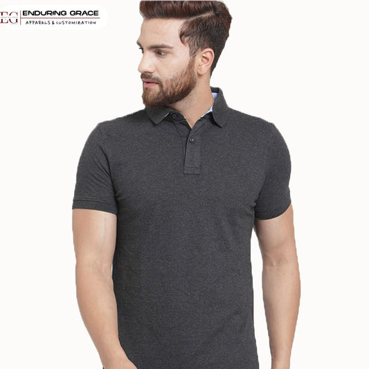 Charcoal Melange Polo Neck T-Shirt - Adult Regular Fit